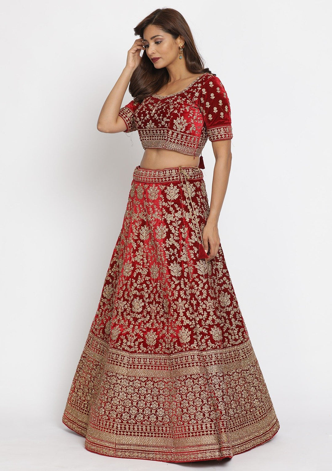 Maroon Stonework Velvet Designer Semi-Stitched Lehenga - koskii