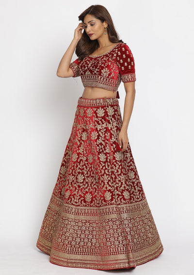 Maroon Stonework Velvet Designer Semi-Stitched Lehenga - koskii