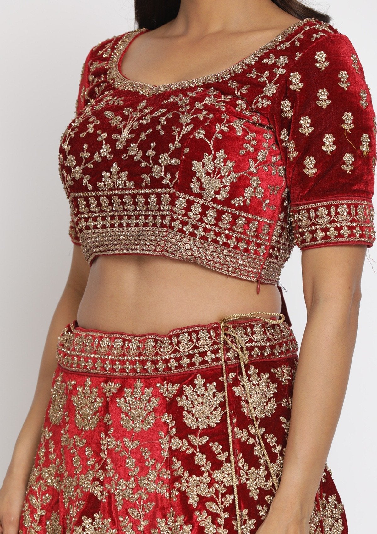 Maroon Stonework Velvet Designer Semi-Stitched Lehenga - koskii