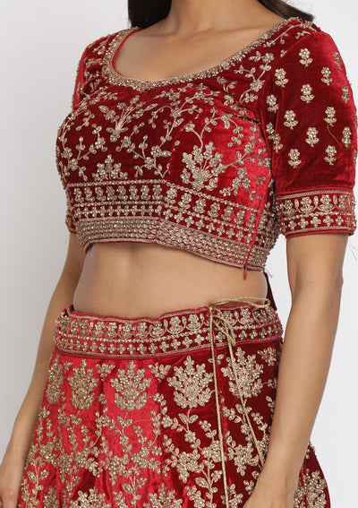 Maroon Stonework Velvet Designer Semi-Stitched Lehenga - koskii