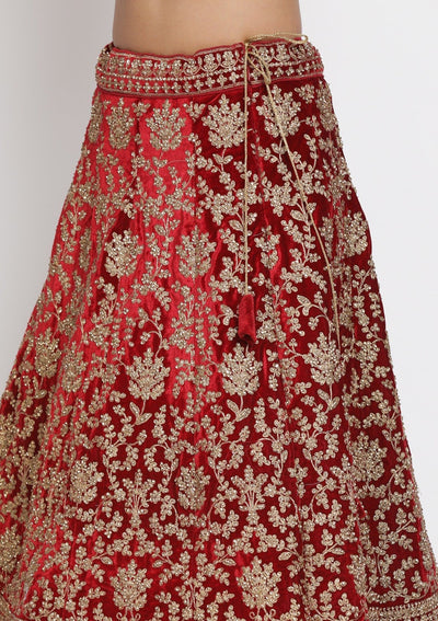 Maroon Stonework Velvet Designer Semi-Stitched Lehenga - koskii