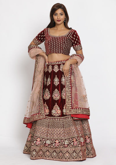 Maroon Stonework Velvet Designer Semi-Stitched Lehenga - koskii
