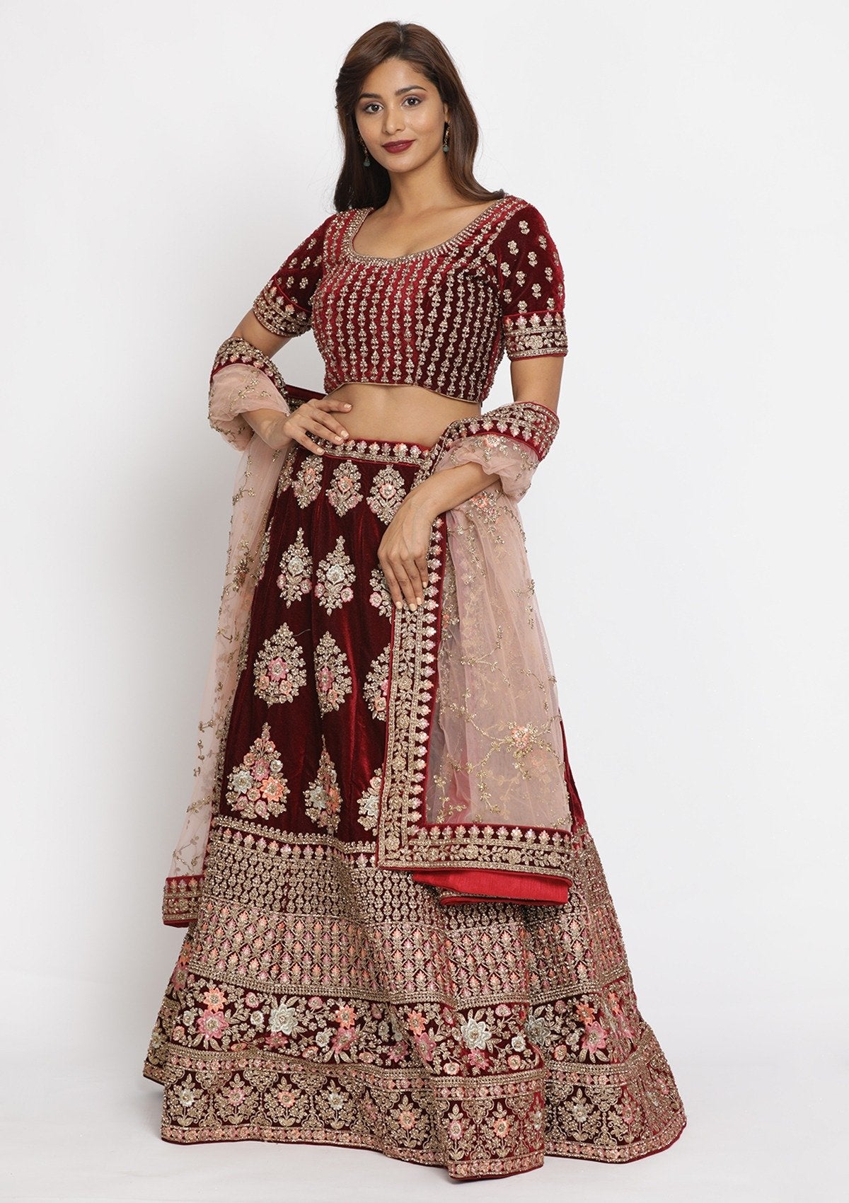 Maroon Stonework Velvet Designer Semi-Stitched Lehenga - koskii
