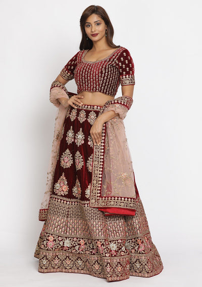 Maroon Stonework Velvet Designer Semi-Stitched Lehenga - koskii