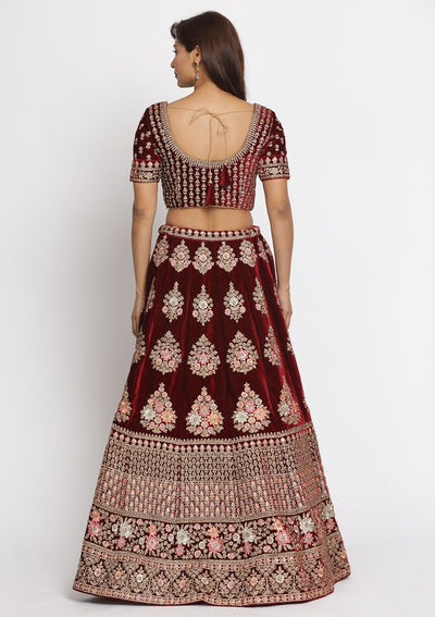 Maroon Stonework Velvet Designer Semi-Stitched Lehenga - koskii