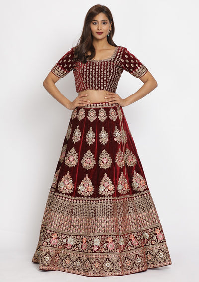 Maroon Stonework Velvet Designer Semi-Stitched Lehenga - koskii