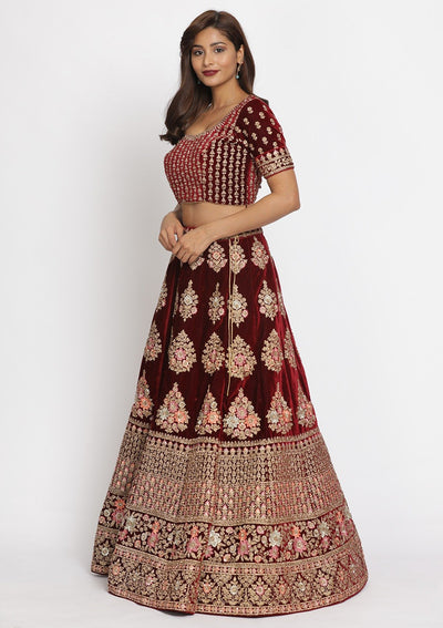 Maroon Stonework Velvet Designer Semi-Stitched Lehenga - koskii