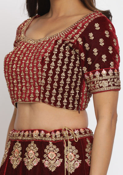 Maroon Stonework Velvet Designer Semi-Stitched Lehenga - koskii