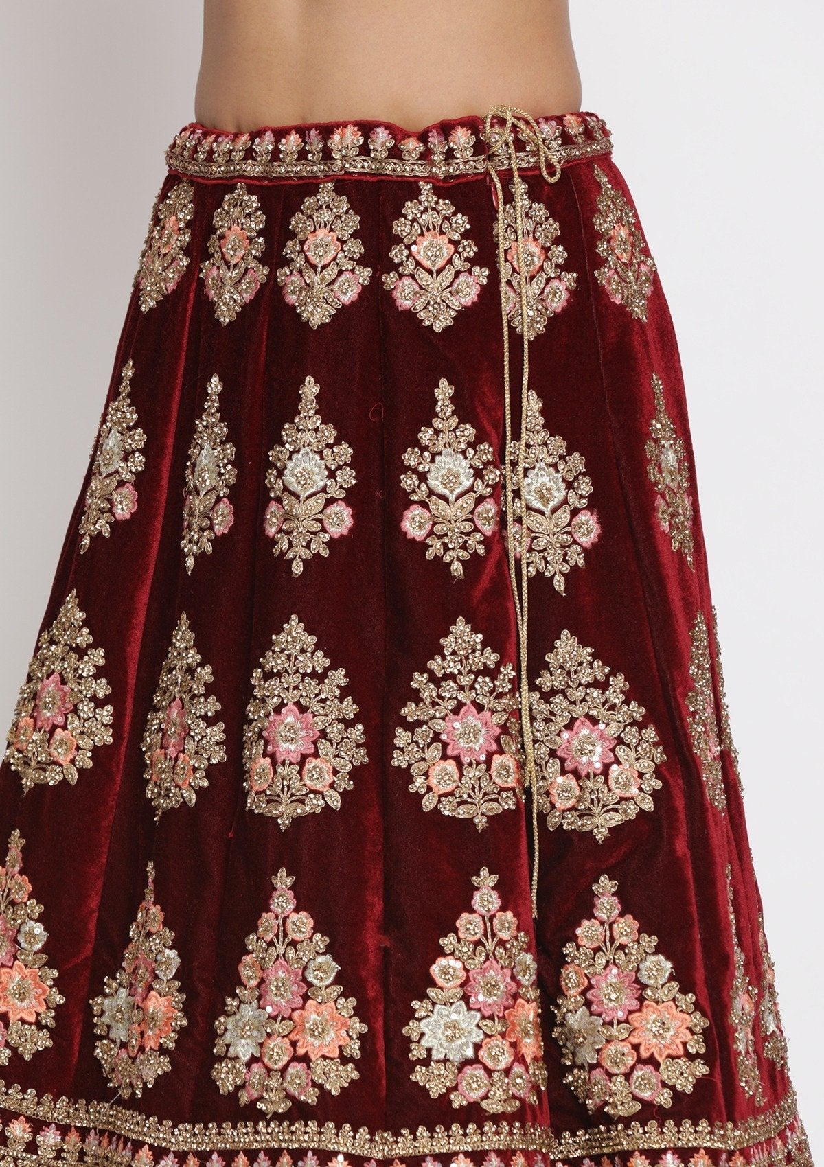 Maroon Stonework Velvet Designer Semi-Stitched Lehenga - koskii