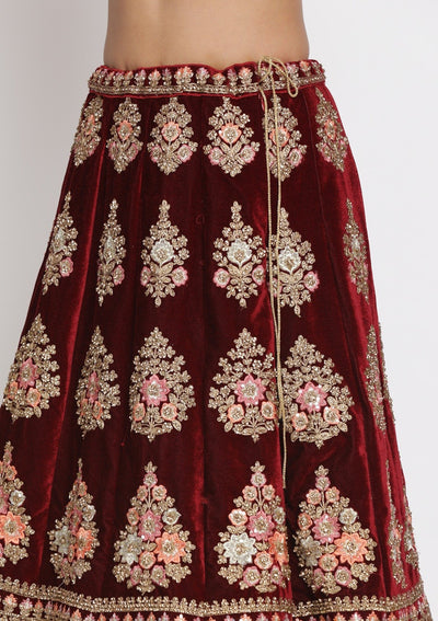 Maroon Stonework Velvet Designer Semi-Stitched Lehenga - koskii