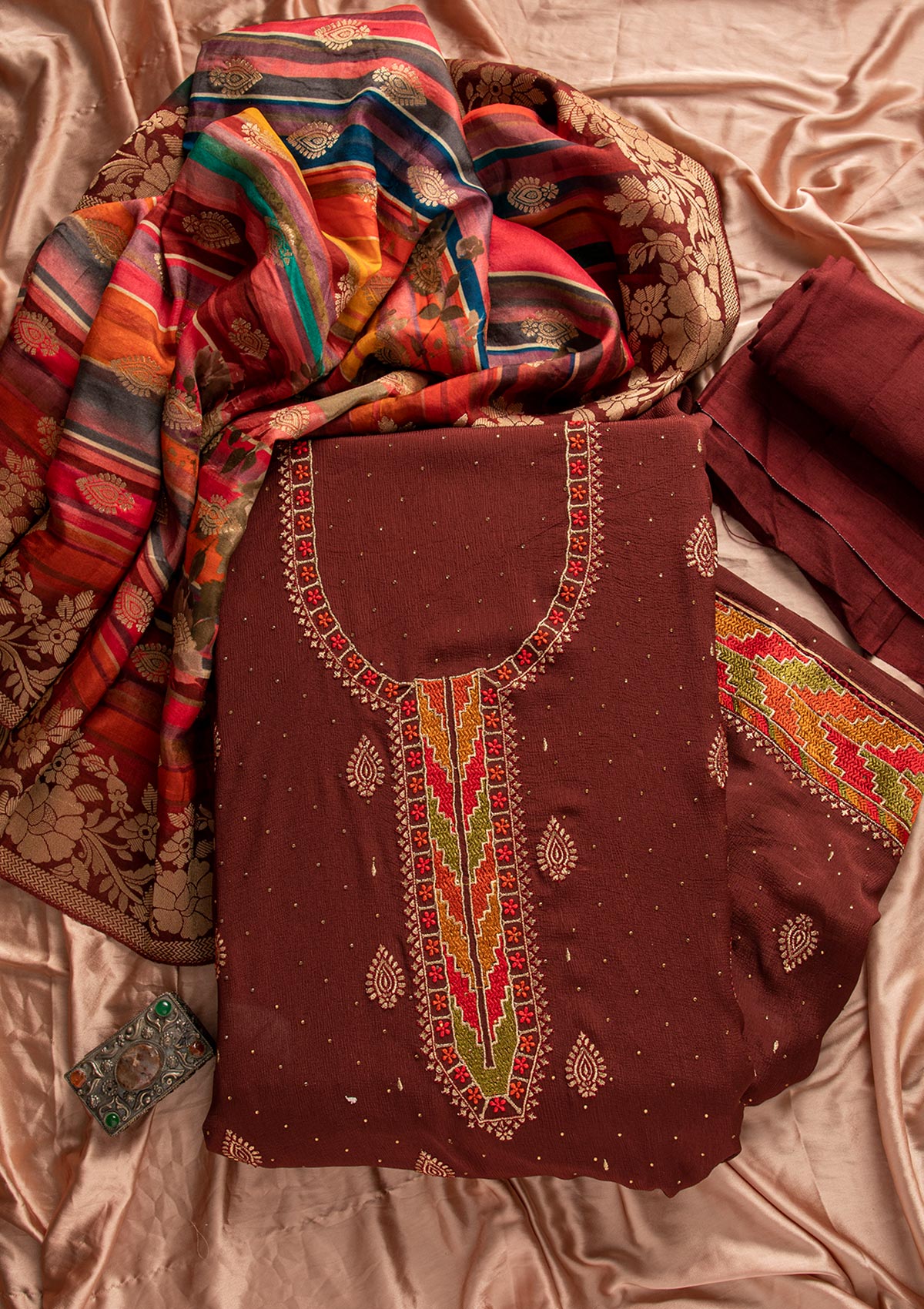 Maroon Threadwork Semi Crepe Designer Unstitched Salwar Suit - koskii