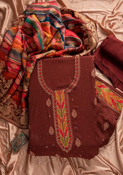 Maroon Threadwork Semi Crepe Designer Unstitched Salwar Suit - koskii