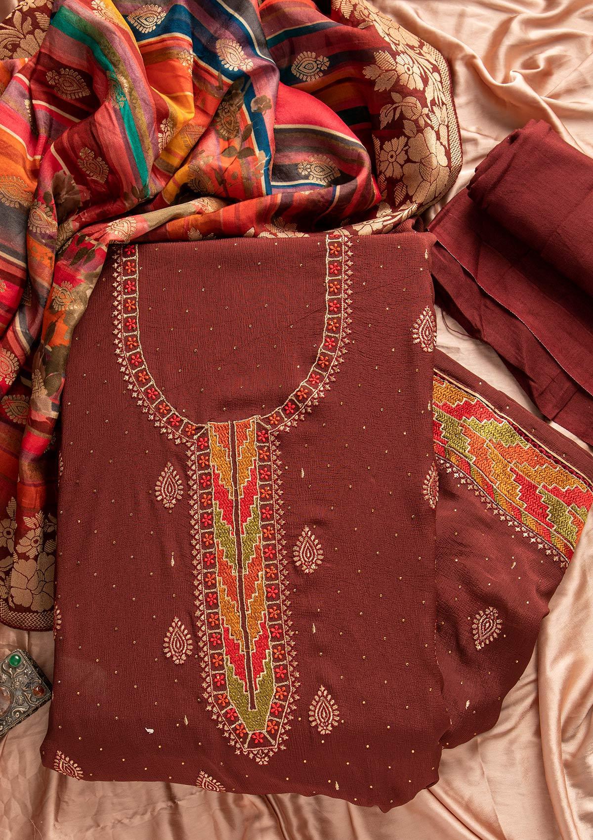 Maroon Threadwork Semi Crepe Designer Unstitched Salwar Suit - koskii