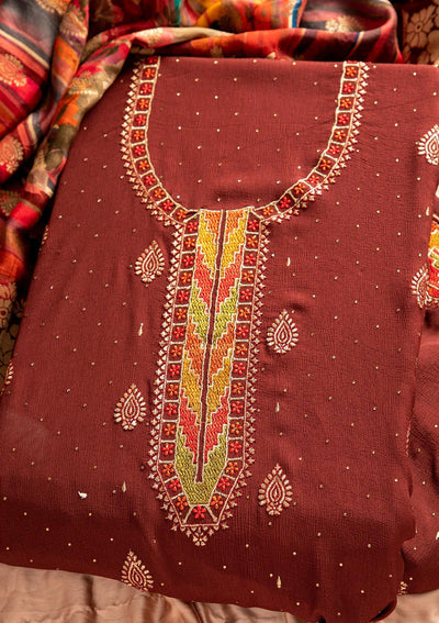 Maroon Threadwork Semi Crepe Designer Unstitched Salwar Suit - koskii