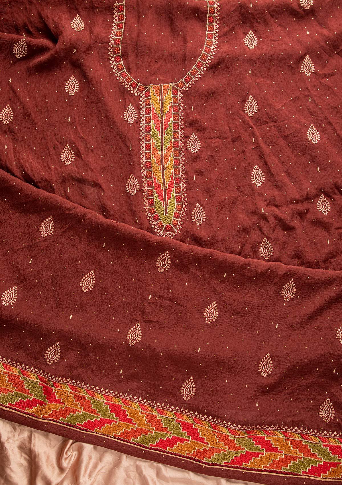 Maroon Threadwork Semi Crepe Designer Unstitched Salwar Suit - koskii