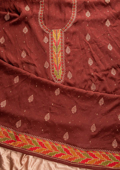 Maroon Threadwork Semi Crepe Designer Unstitched Salwar Suit - koskii