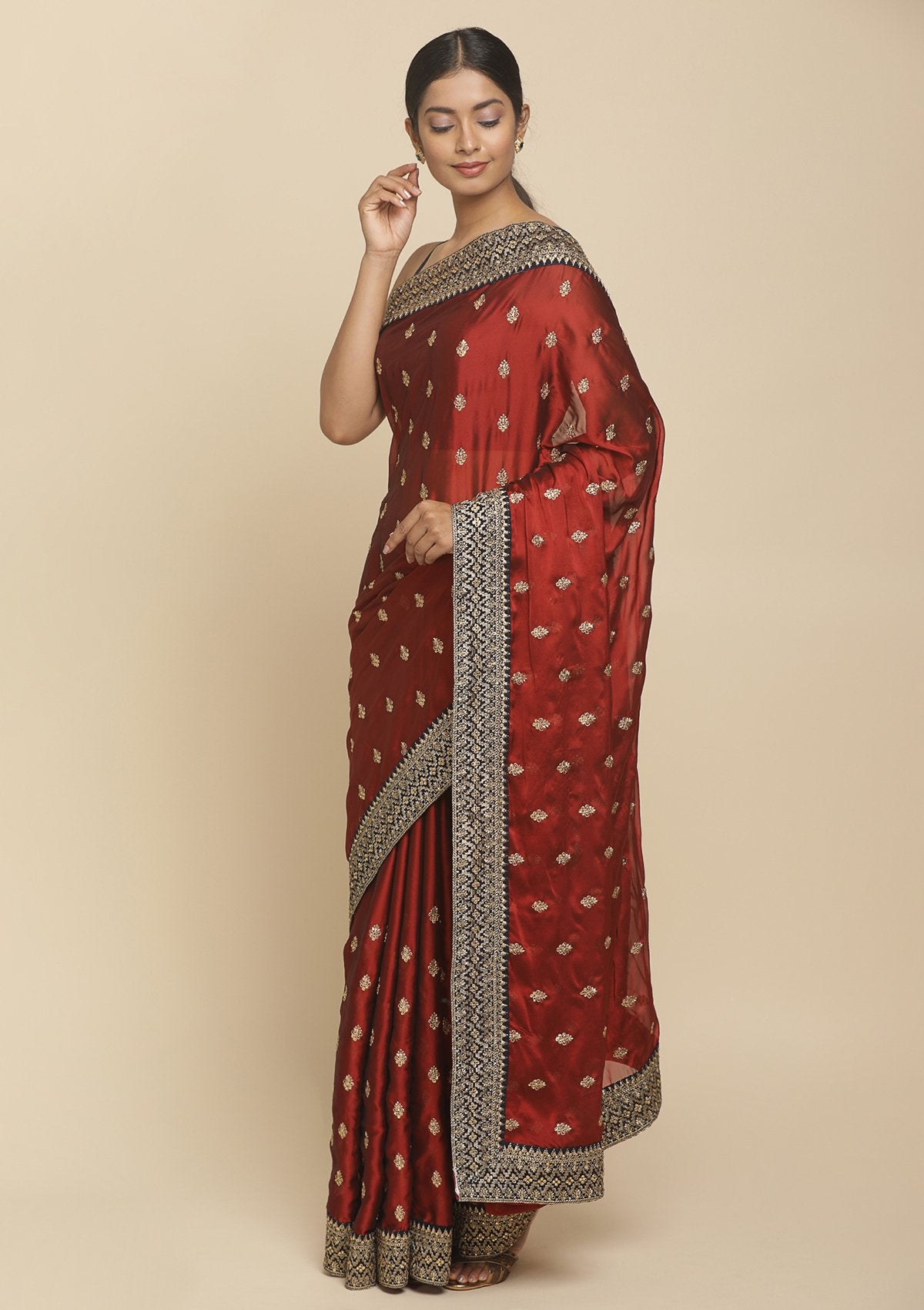 Maroon Zariwork  Art Silk Designer Saree - koskii