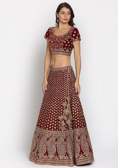 Maroon Zariwork Velvet Designer Semi-Stitched Lehenga - koskii