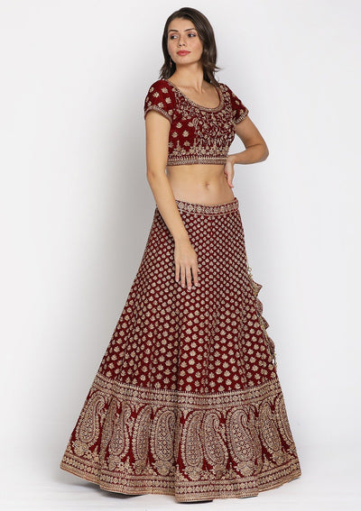 Maroon Zariwork Velvet Designer Semi-Stitched Lehenga - koskii