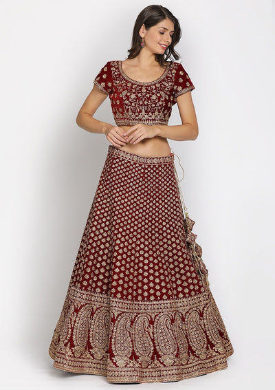 Maroon Zariwork Velvet Designer Semi-Stitched Lehenga - koskii