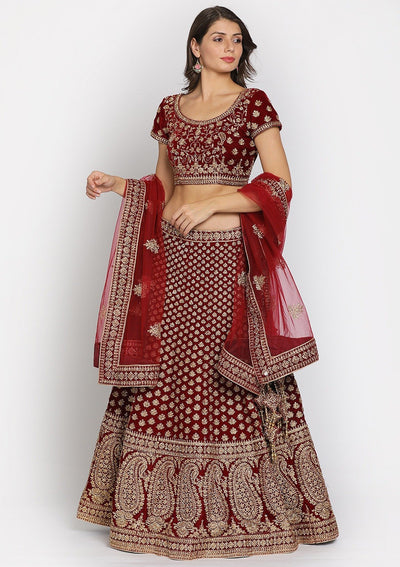 Maroon Zariwork Velvet Designer Semi-Stitched Lehenga - koskii