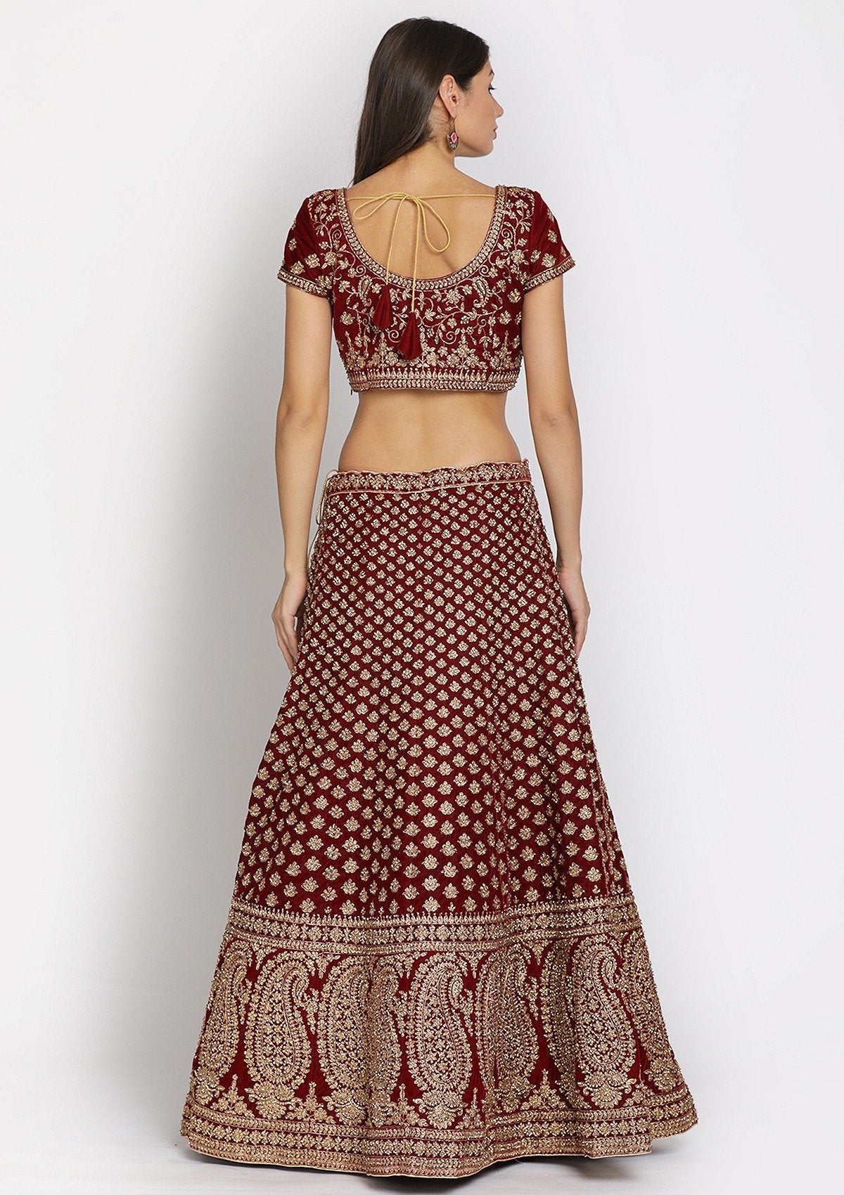 Maroon Zariwork Velvet Designer Semi-Stitched Lehenga - koskii