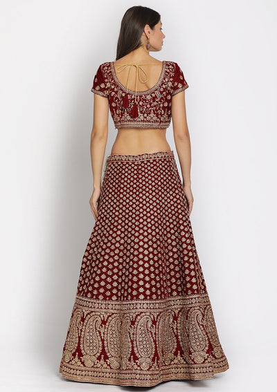 Maroon Zariwork Velvet Designer Semi-Stitched Lehenga - koskii