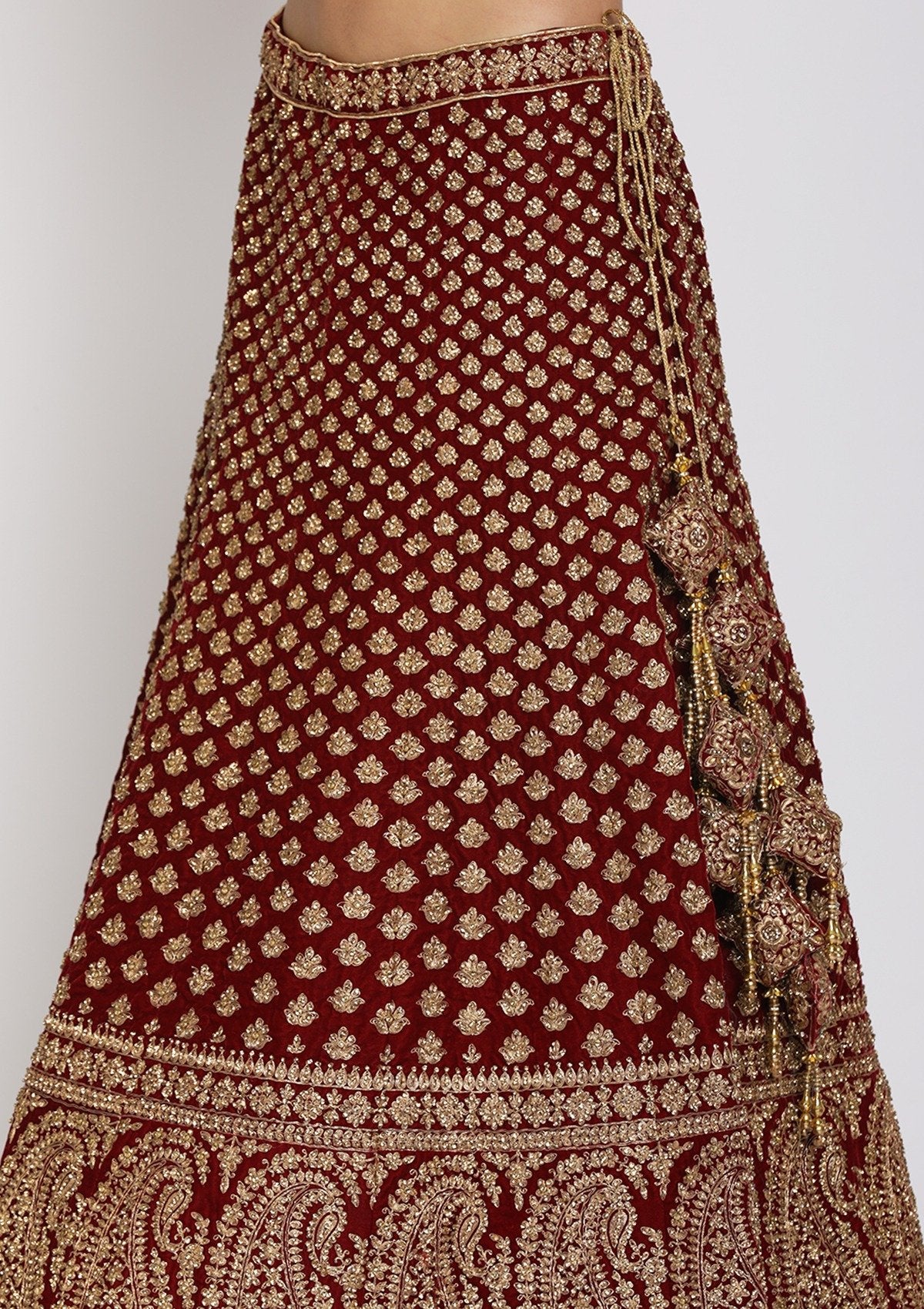 Maroon Zariwork Velvet Designer Semi-Stitched Lehenga - koskii