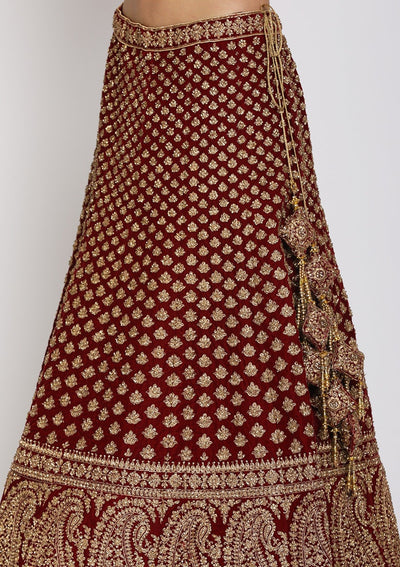 Maroon Zariwork Velvet Designer Semi-Stitched Lehenga - koskii