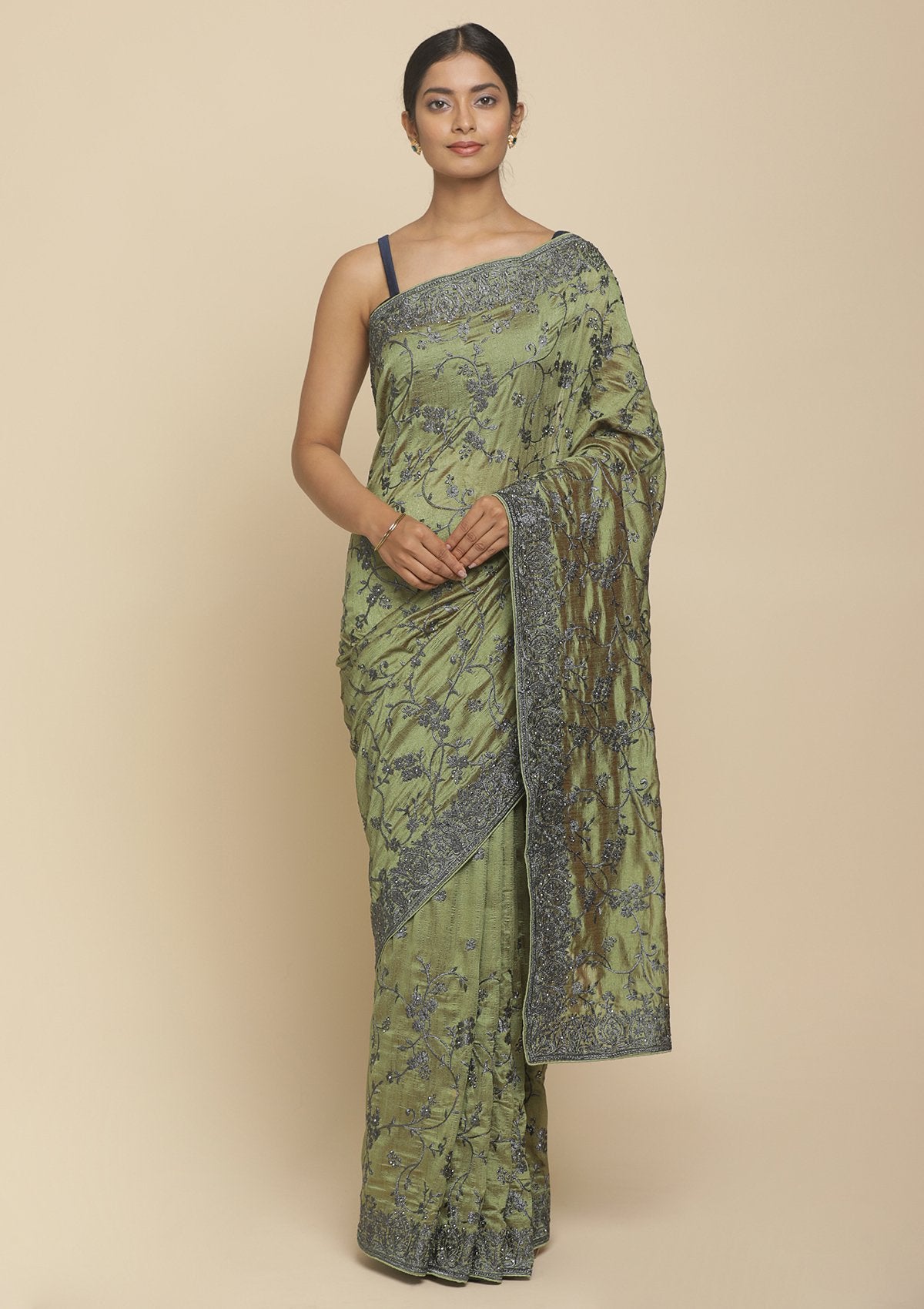 Mehendi Stonework  Art Silk Designer Saree - koskii