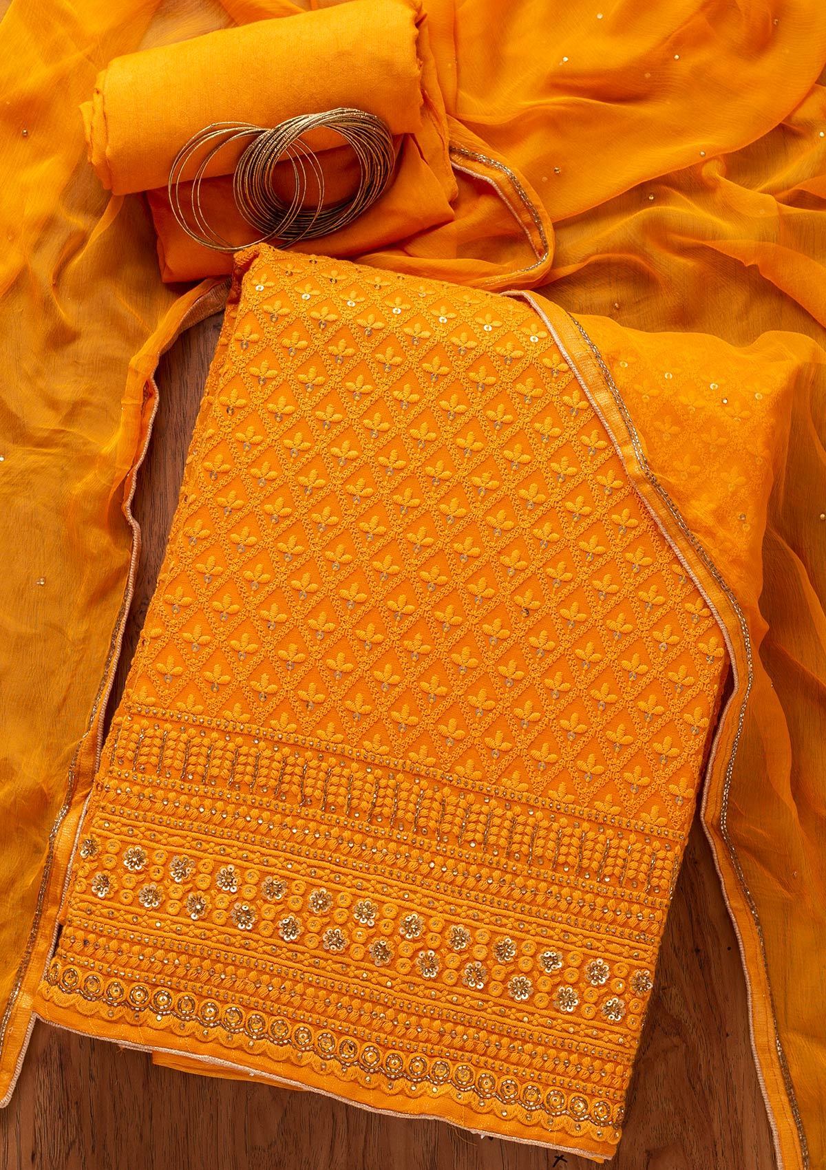 Mustard Chikankari Georgette Designer Unstitched Salwar Suit - koskii