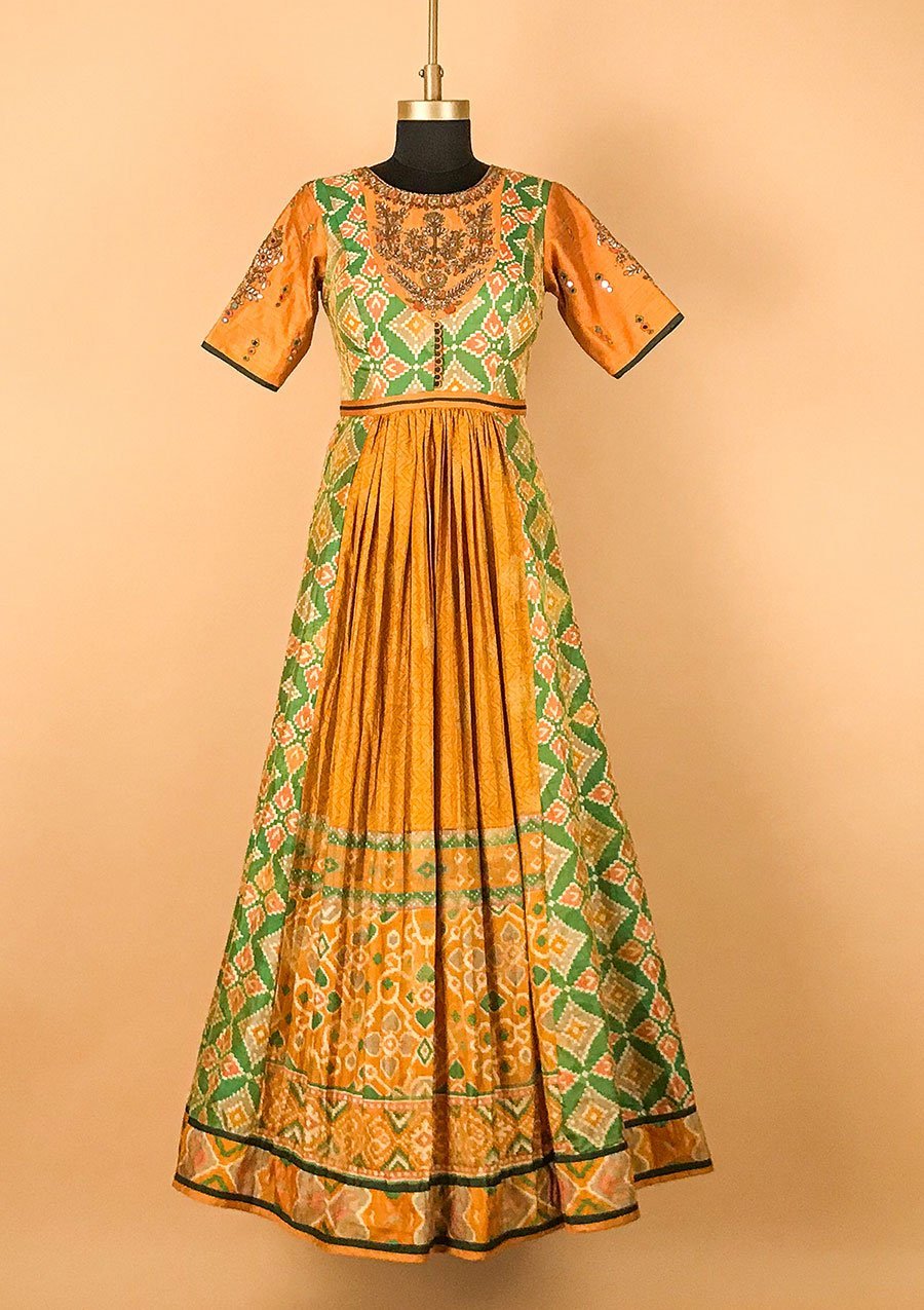 Mustard Gotapatti Raw Silk Designer Gown - koskii