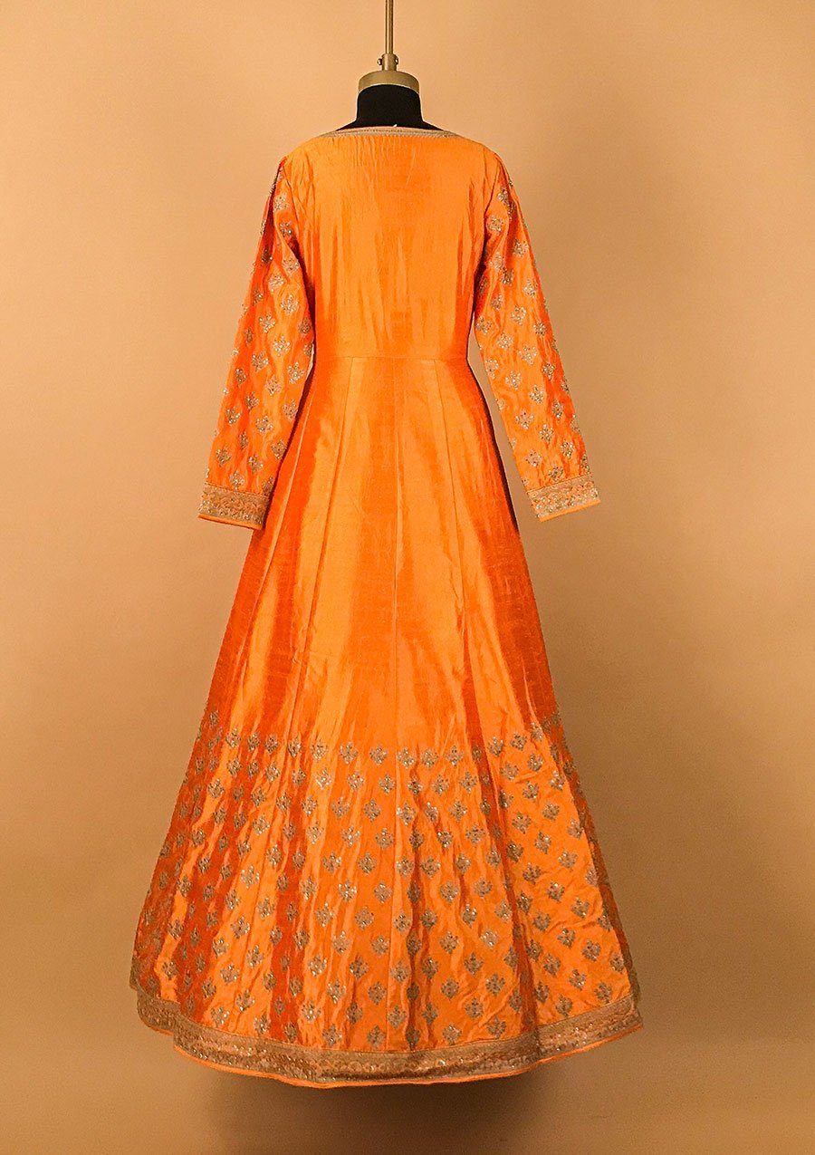 Mustard Zariwork Raw Silk Designer Gown - koskii