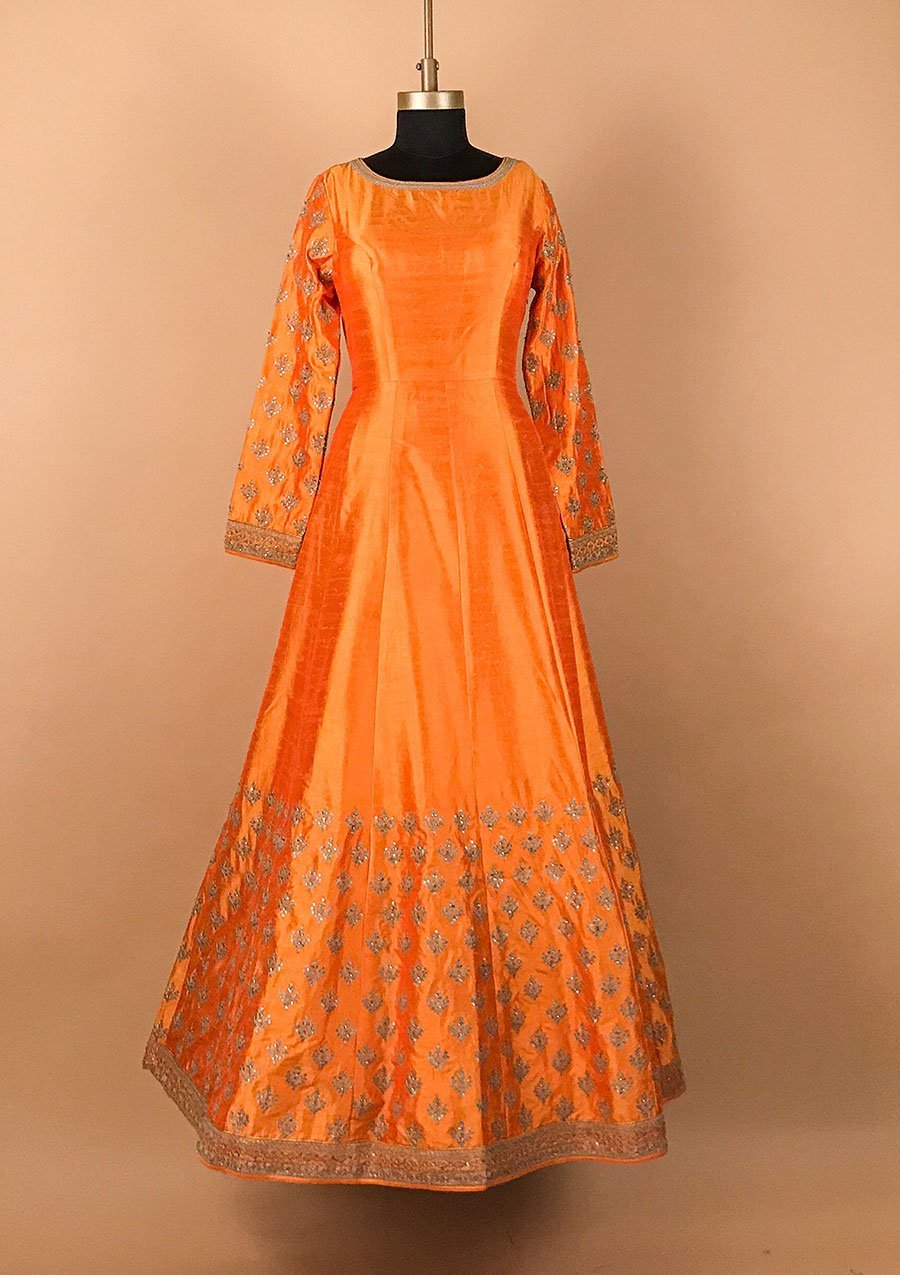 Mustard Zariwork Raw Silk Designer Gown - koskii