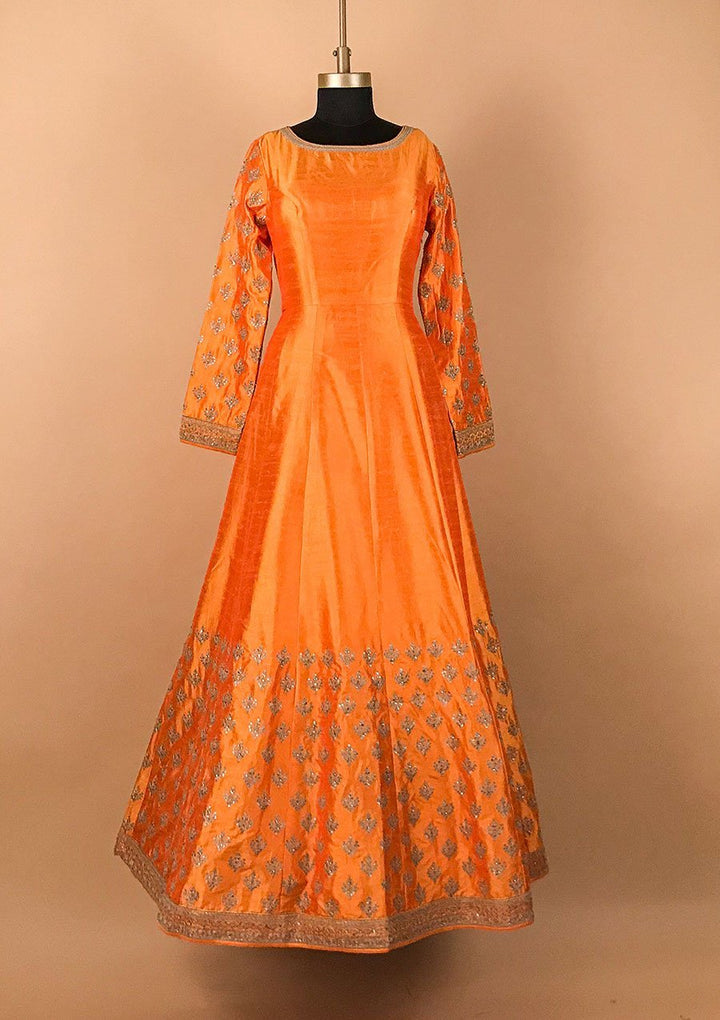 Mustard Zariwork Raw Silk Designer Gown - koskii