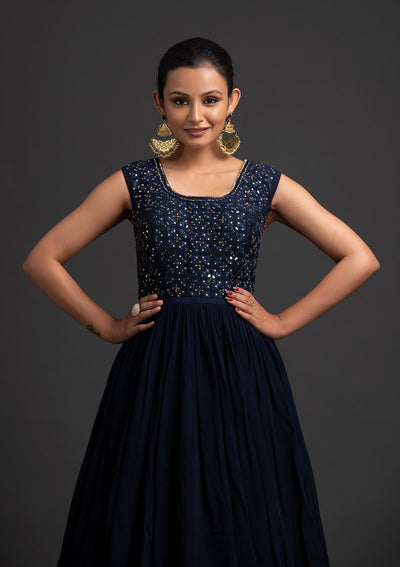 Navy Blue Mirrorwork Georgette Designer Gown - koskii