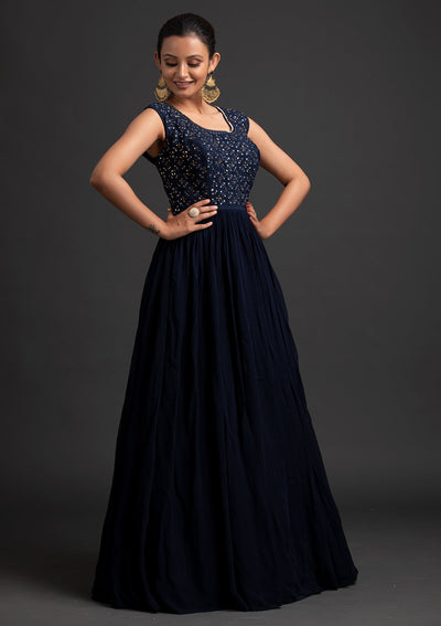 Navy Blue Mirrorwork Georgette Designer Gown - koskii