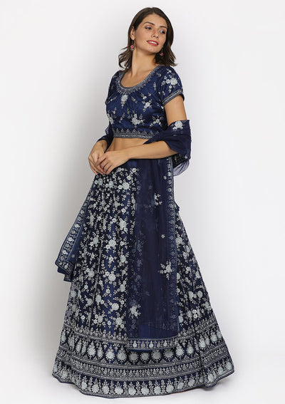 Navy Blue Silver Stonework Net Designer Semi-Stitched Lehenga - koskii