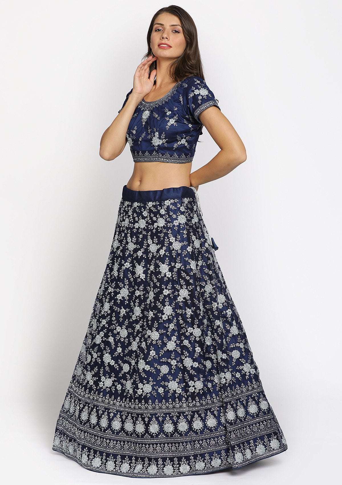 Navy Blue Silver Stonework Net Designer Semi-Stitched Lehenga - koskii