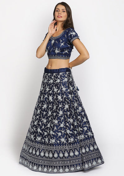 Navy Blue Silver Stonework Net Designer Semi-Stitched Lehenga - koskii