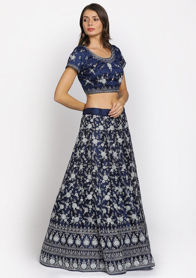 Navy Blue Silver Stonework Net Designer Semi-Stitched Lehenga - koskii
