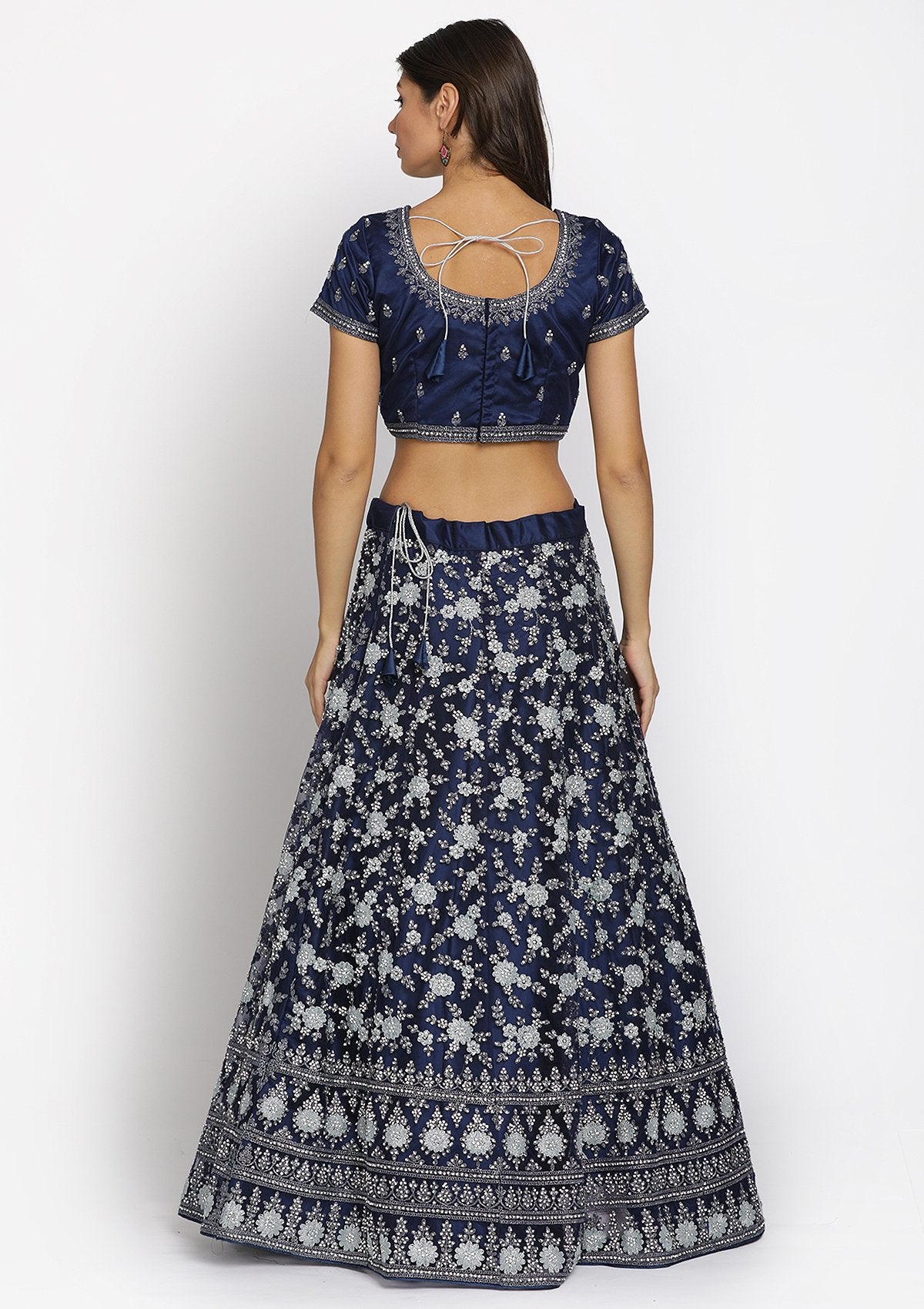 Navy Blue Silver Stonework Net Designer Semi-Stitched Lehenga - koskii