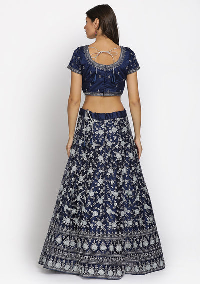 Navy Blue Silver Stonework Net Designer Semi-Stitched Lehenga - koskii