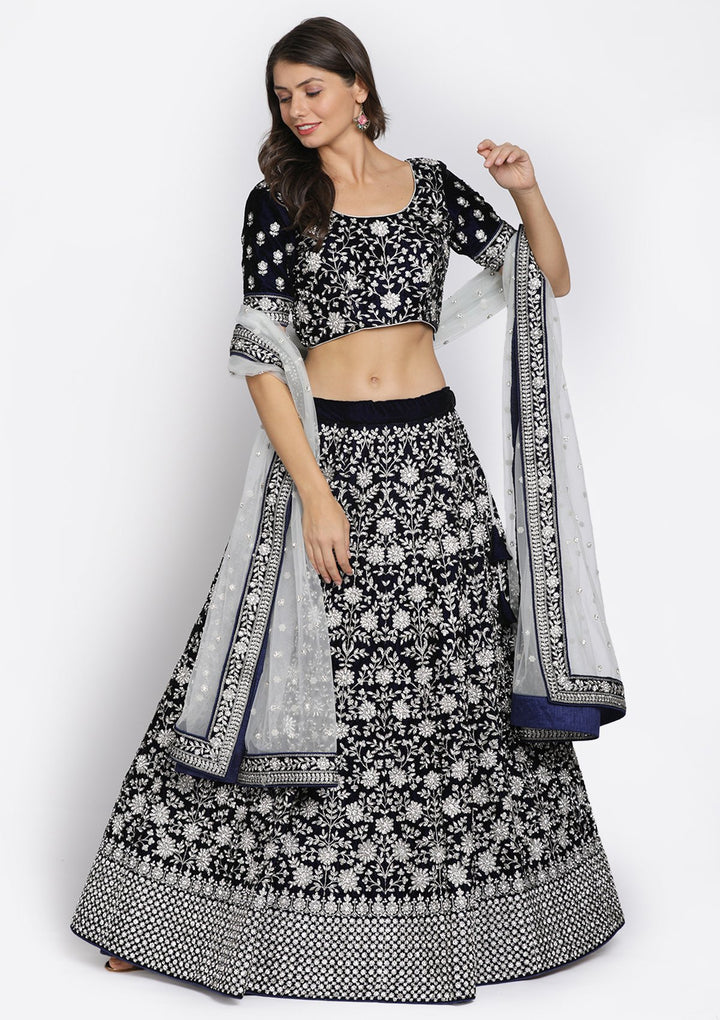 Navy Blue Silver Stonework Velvet Designer Semi-Stitched Lehenga - koskii