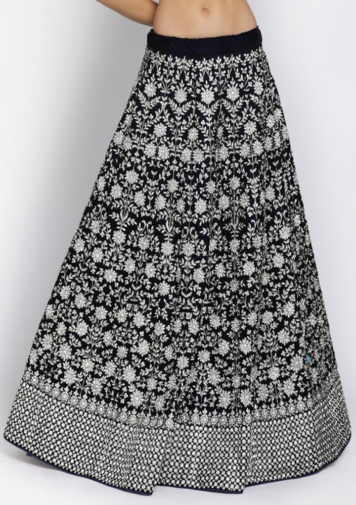 Navy Blue Silver Stonework Velvet Designer Semi-Stitched Lehenga - koskii