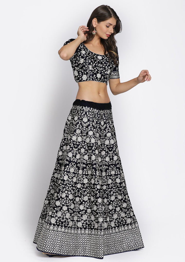 Navy Blue Silver Stonework Velvet Designer Semi-Stitched Lehenga - koskii