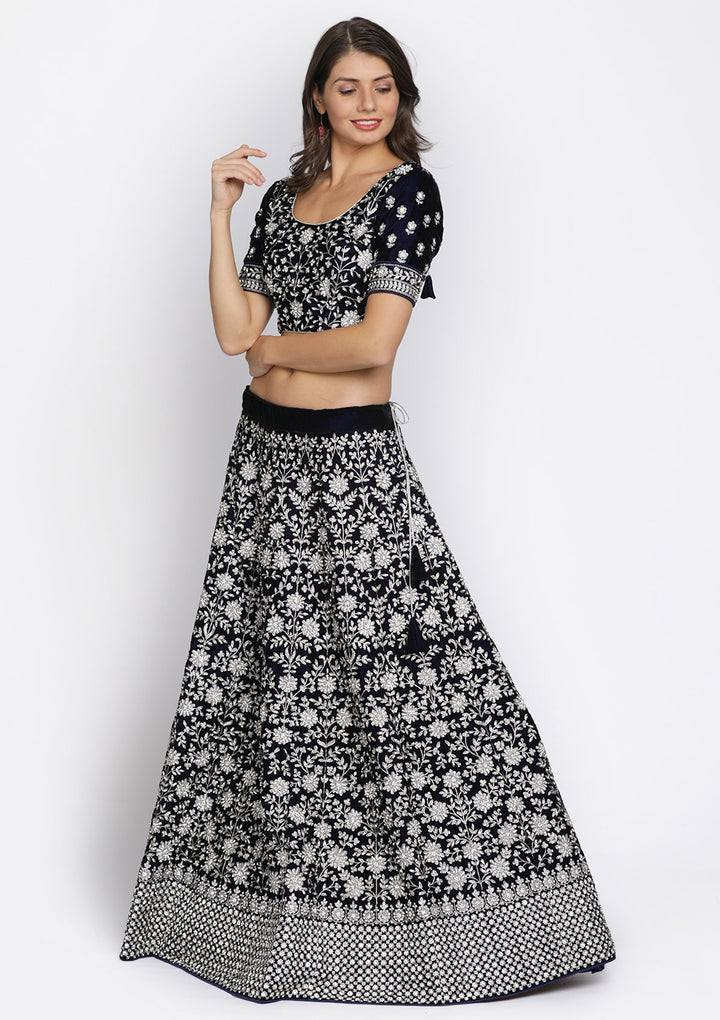 Navy Blue Silver Stonework Velvet Designer Semi-Stitched Lehenga - koskii