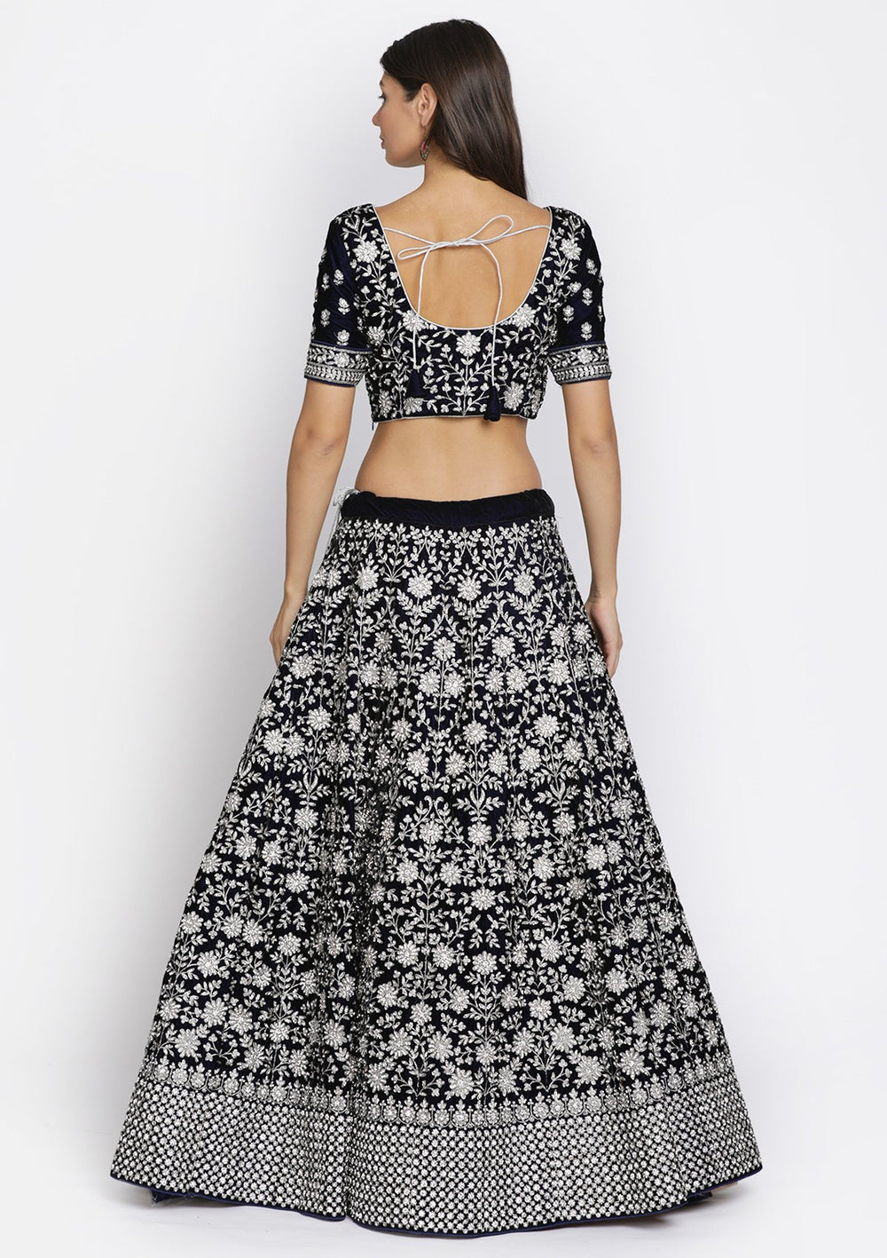 Navy Blue Silver Stonework Velvet Designer Semi-Stitched Lehenga - koskii