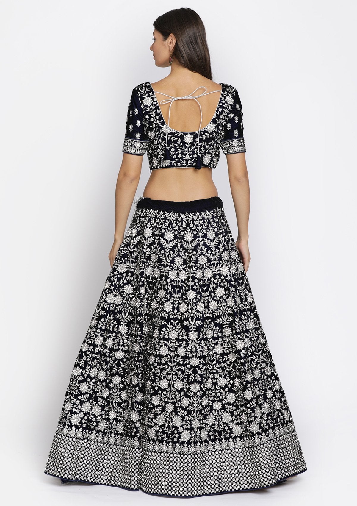 Navy Blue Silver Stonework Velvet Designer Semi-Stitched Lehenga - koskii