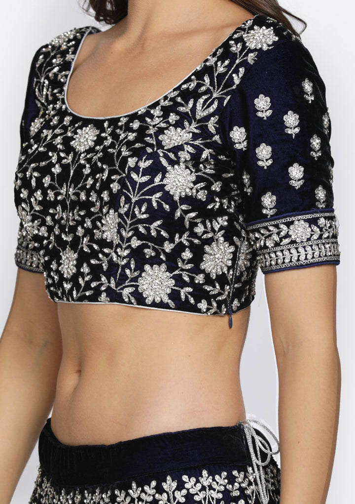 Navy Blue Silver Stonework Velvet Designer Semi-Stitched Lehenga - koskii